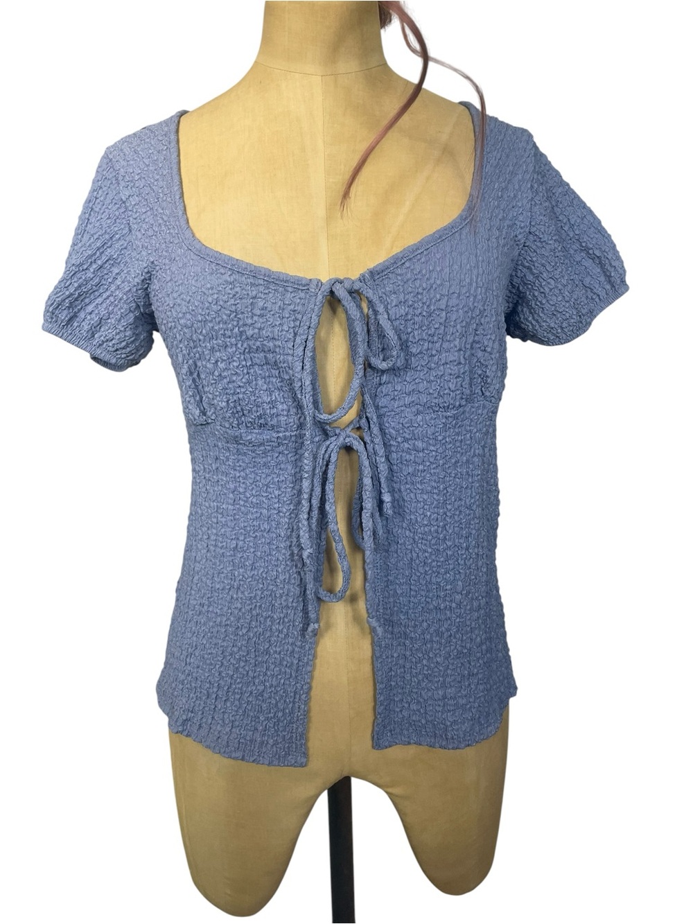 See You Monday Tie Front Top XL Dusty Blue Smocked NWT Puff Sleeve Boho